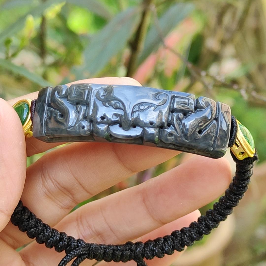 Wuji Black Natural Type A Jadeite Bracelet crafted with Tao Tie, symbols of Power and abundance and Money, with certificate weigh, mm  11.17 grams, 48.8 * 13.3 * 6.9 (bracelet7)