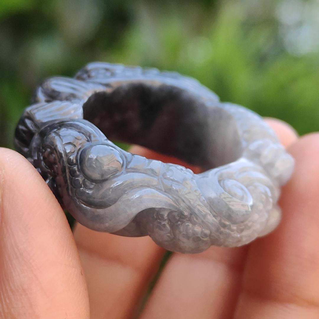 Black and White Natural Type A Jadeite Jade crafted with Dragon as 21mm Ring, certificate weigh 16.8 grams, measurement 10.5 * 8.3 mm (ring7)