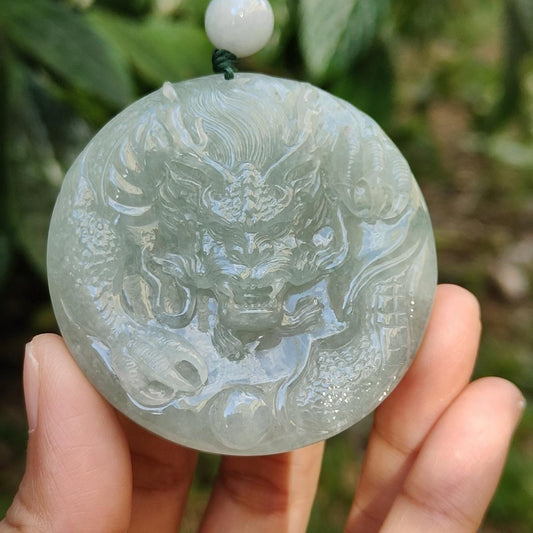 Premium Full Light Green Natural Type A Jadeite Jade Pendant Necklace crafted with Dragon with good glossy shines, certificate included weigh 77.81 grams, 55.5 * 55.5 * 13.8 mm (pendant169)