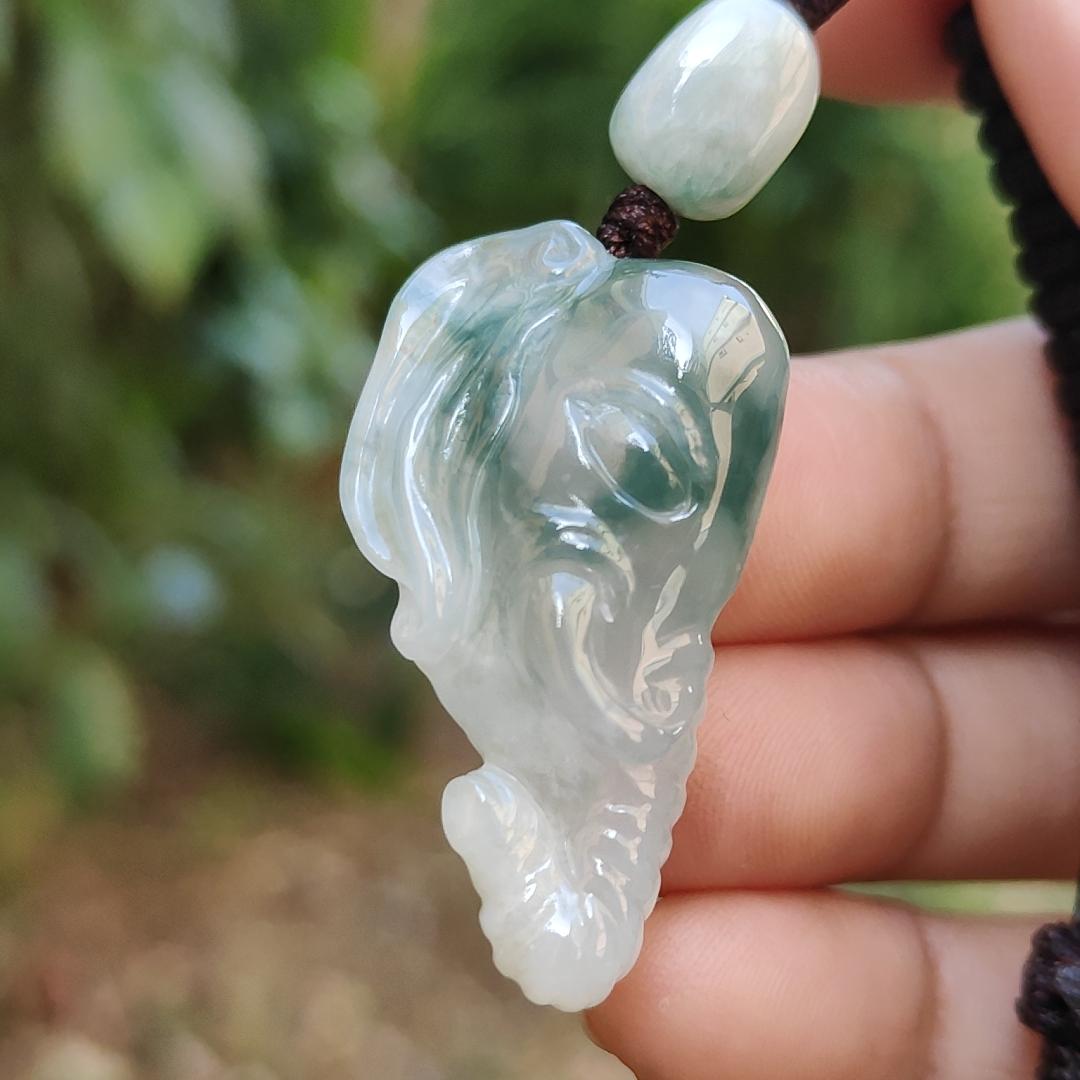 Very Rare Semi Icy Light Green Patches Natural Type A Jadeite Jade crafted with Elephant as Pendant, certificate weighs 8.63 grams, measurement 33 * 19.1 * 8.8 mm (pendant244)