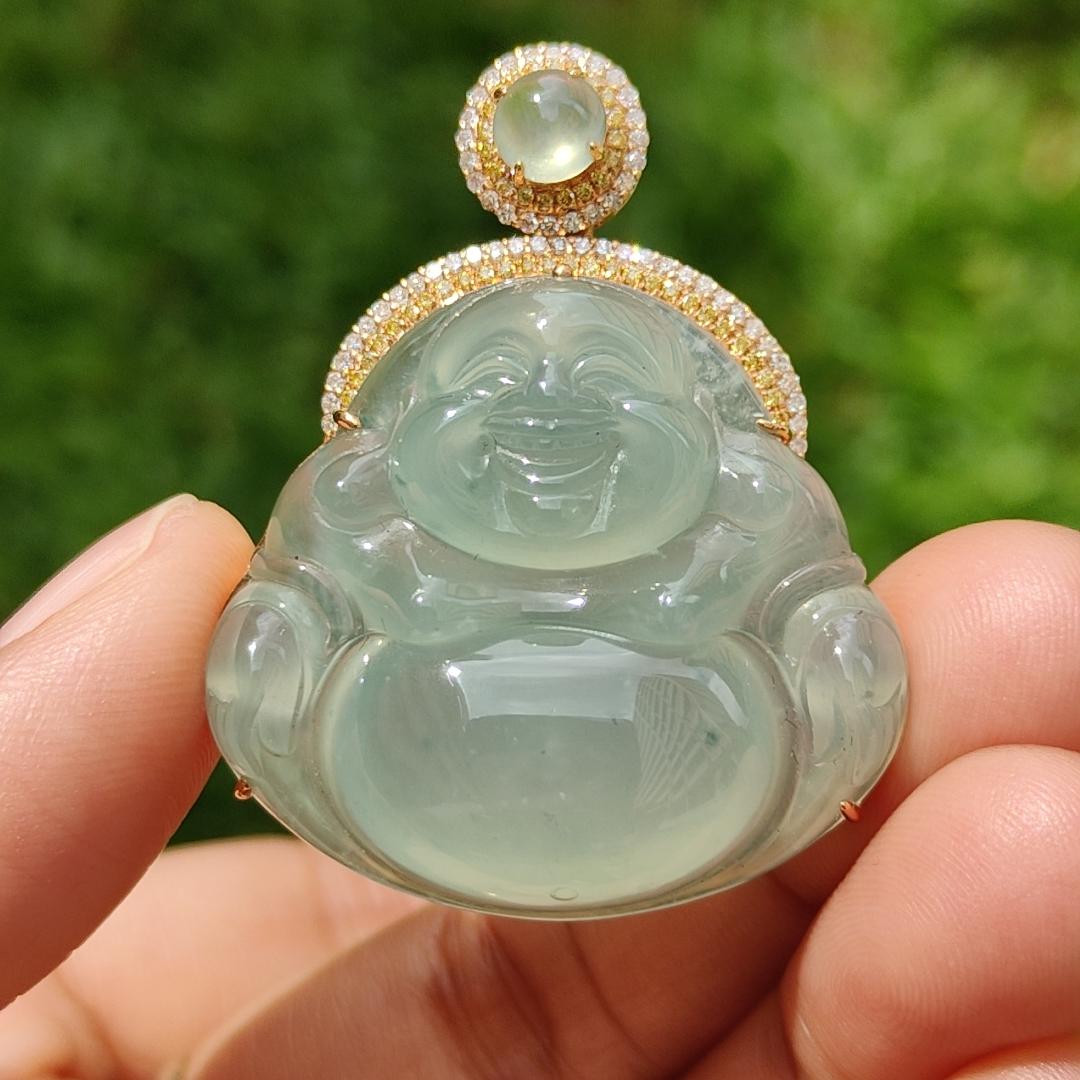 Icy Light Green Natural Type A Jadeite Jade Pendant crafted as Milo Buddha set on 18k gold with 1 icy cabochon and diamonds, certificate included weigh 13.8 grams, measurement 41.9 * 33.1 * 11.6 mm (18kp15)