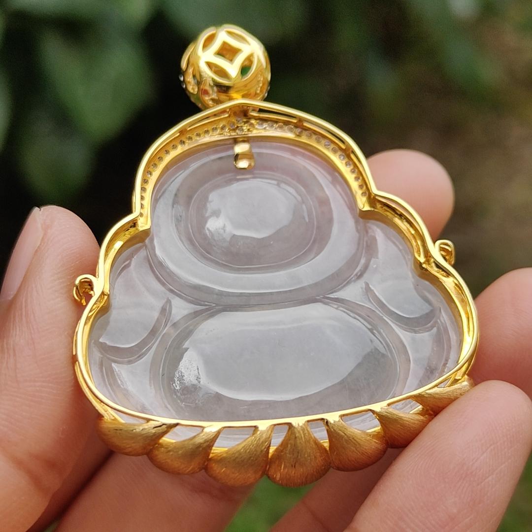 Premium Icy Translucent Natural Type A Jadeite Jade crafted as Milo Buddha set on 18k gold with diamonds as Pendant, certificate weighs 26.07 grams, measurement 38.8 * 40 * 7.2 mm, (18kp41)