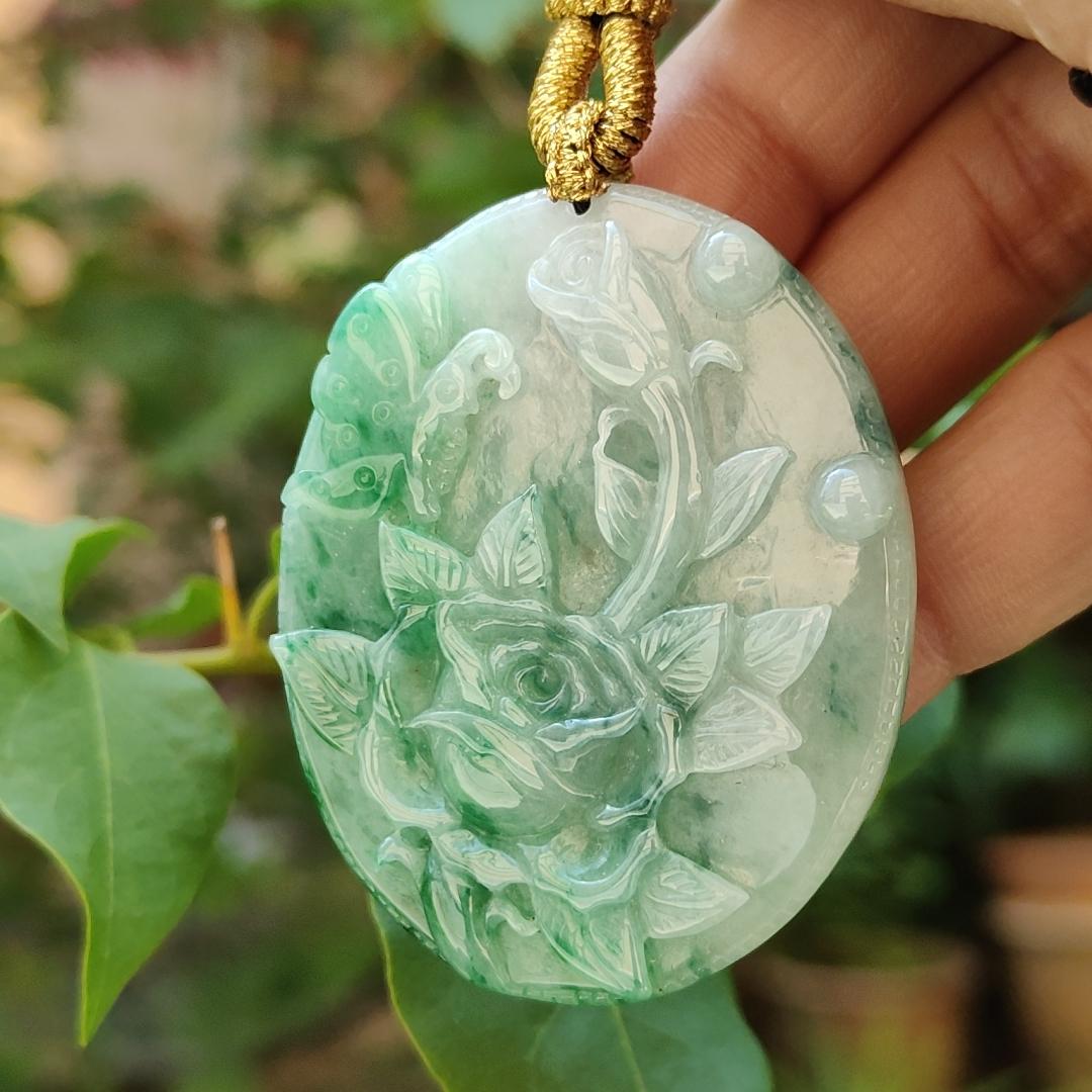 Green with green patches Natural Type A Jadeite Pendant carved with Butterfly and flowers represents Sweet Love with happy marriage, wealthy with flowers blooming and mutual love, certificate weigh 26.02 g, 49.3 * 40.6 * 6.8 mm (pendant84)