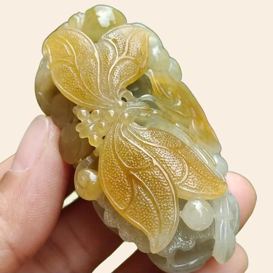 Super Rare High Quality Light Green and Yellow Natural Type A Jadeite Jade crafted with Dragonfly and Ruyi as Pendant, certificate weighs 60.60 grams, measurement 60 * 32.1 * 22.3 mm (pendant260)