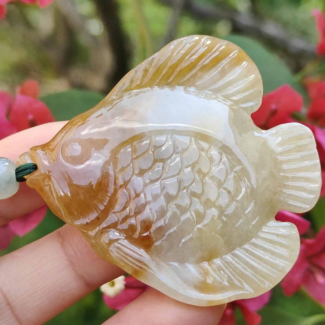 Yellow Natural Type A Jadeite Pendant carved as Fish with certificate weigh 28.33 grams, 55 * 50.2 * 7 mm, meaning Many sons and many blessings, full of children and grandchildren and Life is harmonious and smooth,free from worries and sorrows (pendant77)