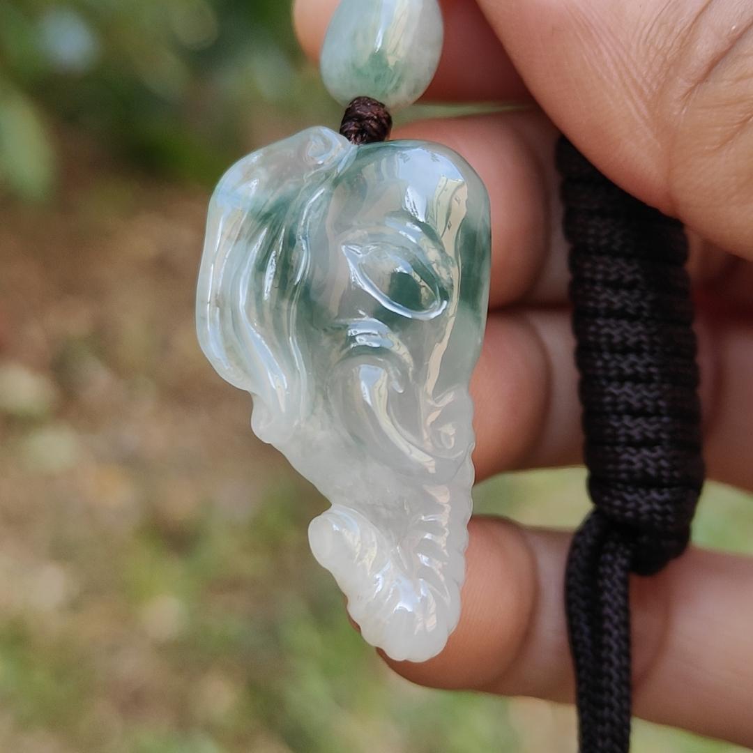 Very Rare Semi Icy Light Green Patches Natural Type A Jadeite Jade crafted with Elephant as Pendant, certificate weighs 8.63 grams, measurement 33 * 19.1 * 8.8 mm (pendant244)