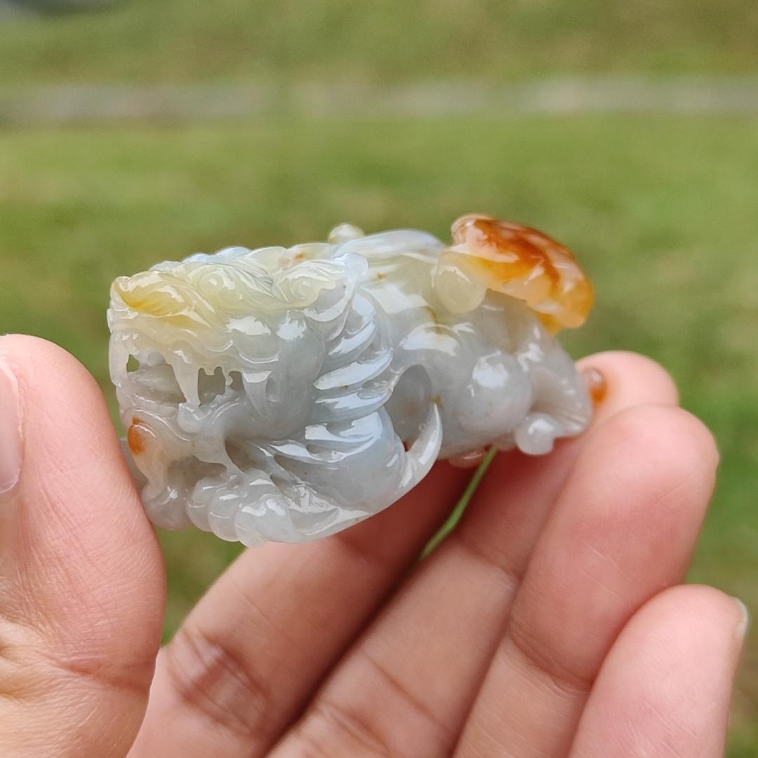 Super Rare Reddish,Yellow abd Tea Green Premium Quality Natural Type A Jadeite Jade crafted with Pixiu as Pendant with certificate weigh 34.14 grams, measurement 45.2 * 19.5 * 22.1 mm (pendant221)