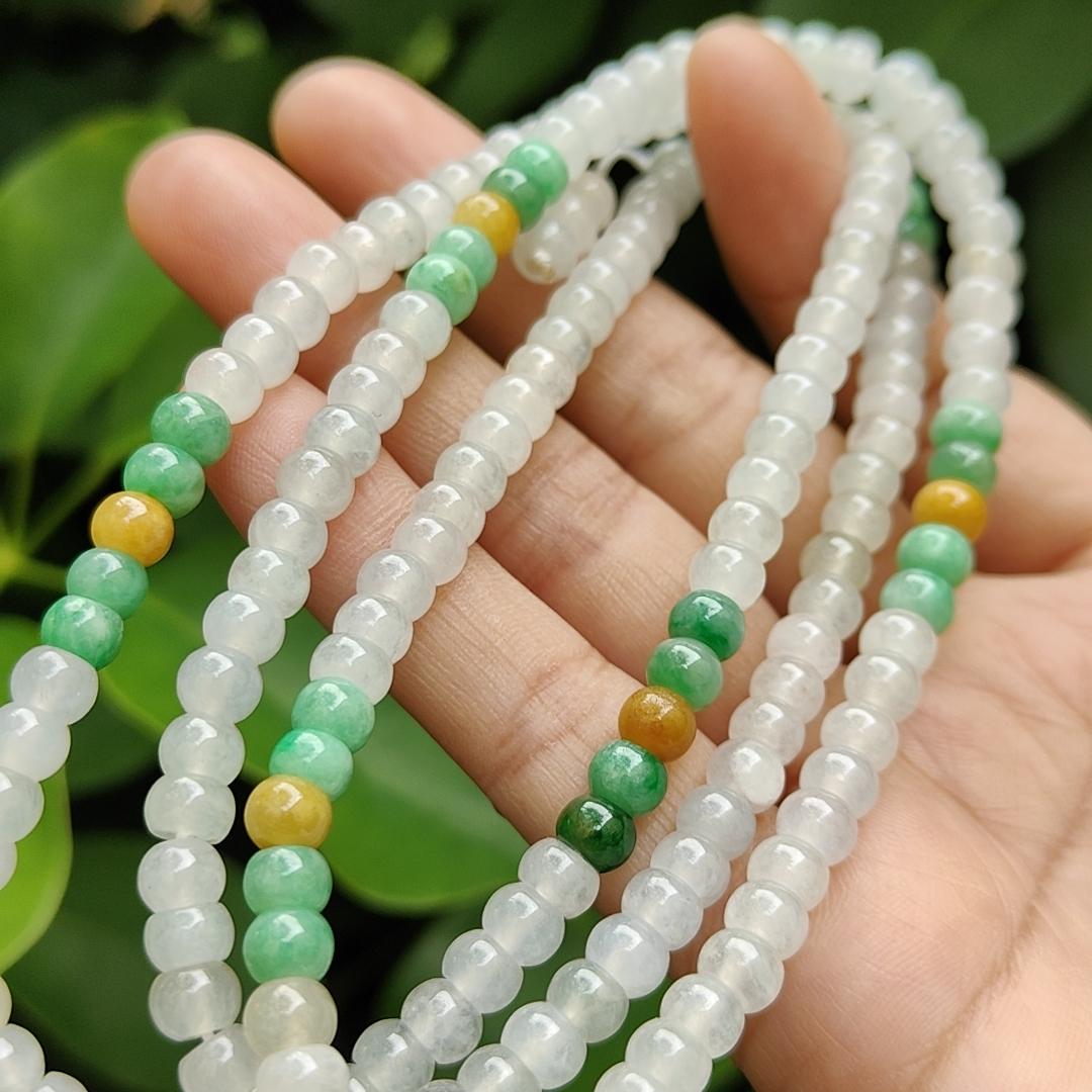 High Quality 90% Perfect 184 drum shape Icy * 154, Green * 24, Yellow * 6 Natural Type A Jadeite Jade Beads as Bracelet Necklace certificate weighs 49.19 grams, measurement 5.7 mm (bracelet29)