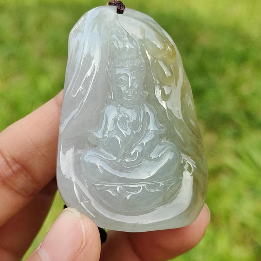 Light Green and Yellow Natural Type A Jadeite Jade Pendant Necklace crafted with Guanyin, certificate included weigh 34.84 grams, Measurement 52 * 35.9 * 11.1 mm (pendant176)