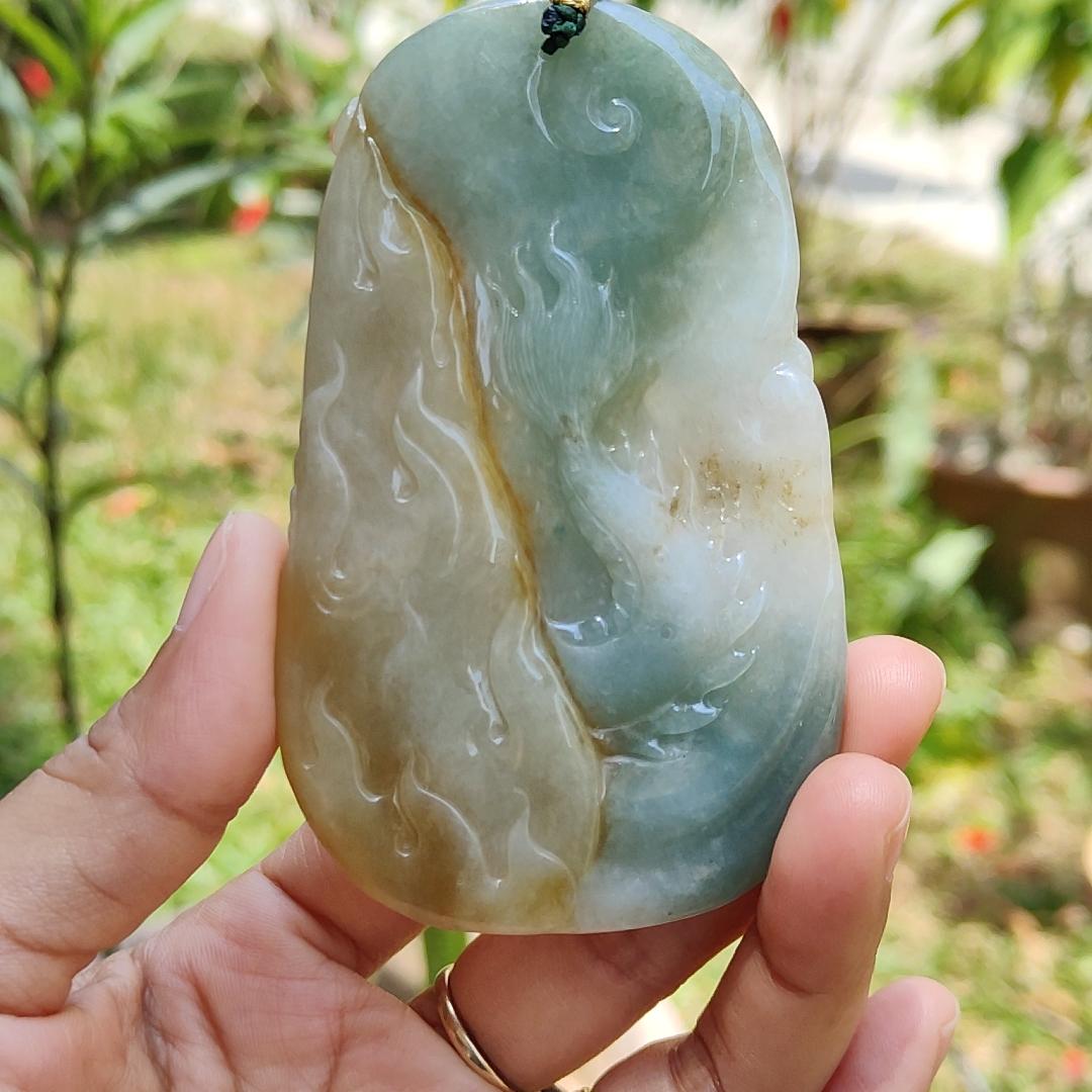 Light Green and Yellow Natural Type A Jadeite Jade Crafted with Dragon and Pheonix as Pendant, Certificate weigh 96.95 grams, measurement 90.2 * 55.7 * 11.5 mm (pendant222)