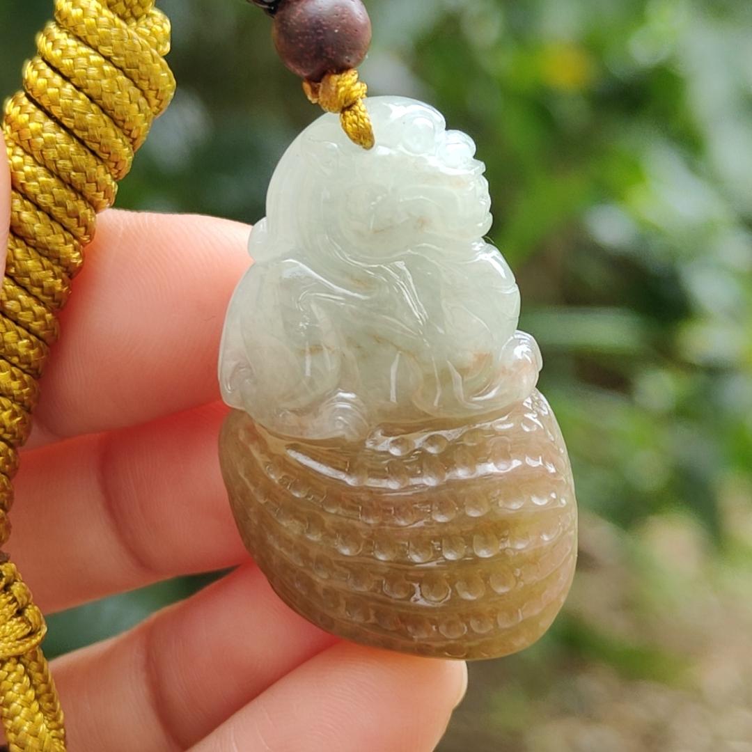 Quality Yellow with Light Green Hue Natural Type A Jadeite Jade crafted with Lion as Pendant, certificate weighs 17.82 grams, measurement 38 * 24 * 11.6 mm (pendant241)