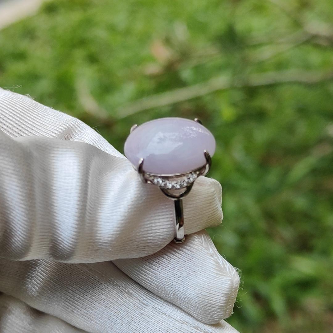 S925 Setting with Lavender Cabochon 15.6 * 12.3 * 5.2 mm Natural Type A Jadeite Jade Ring with certificate weigh 3.23 grams, finger size adjustable (s925ring4)