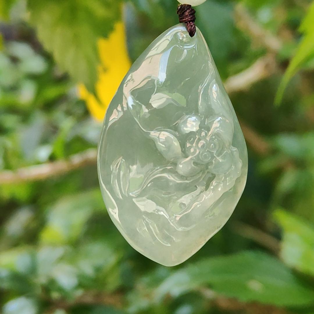 Quality Semi Icy Full Oil Green Natural Type A Jadeite Jade Pendant Necklace crafted with Lotus, certificate included weigh 12.07 grams, measurement 41.3 * 27 * 11 mm (pendant182)