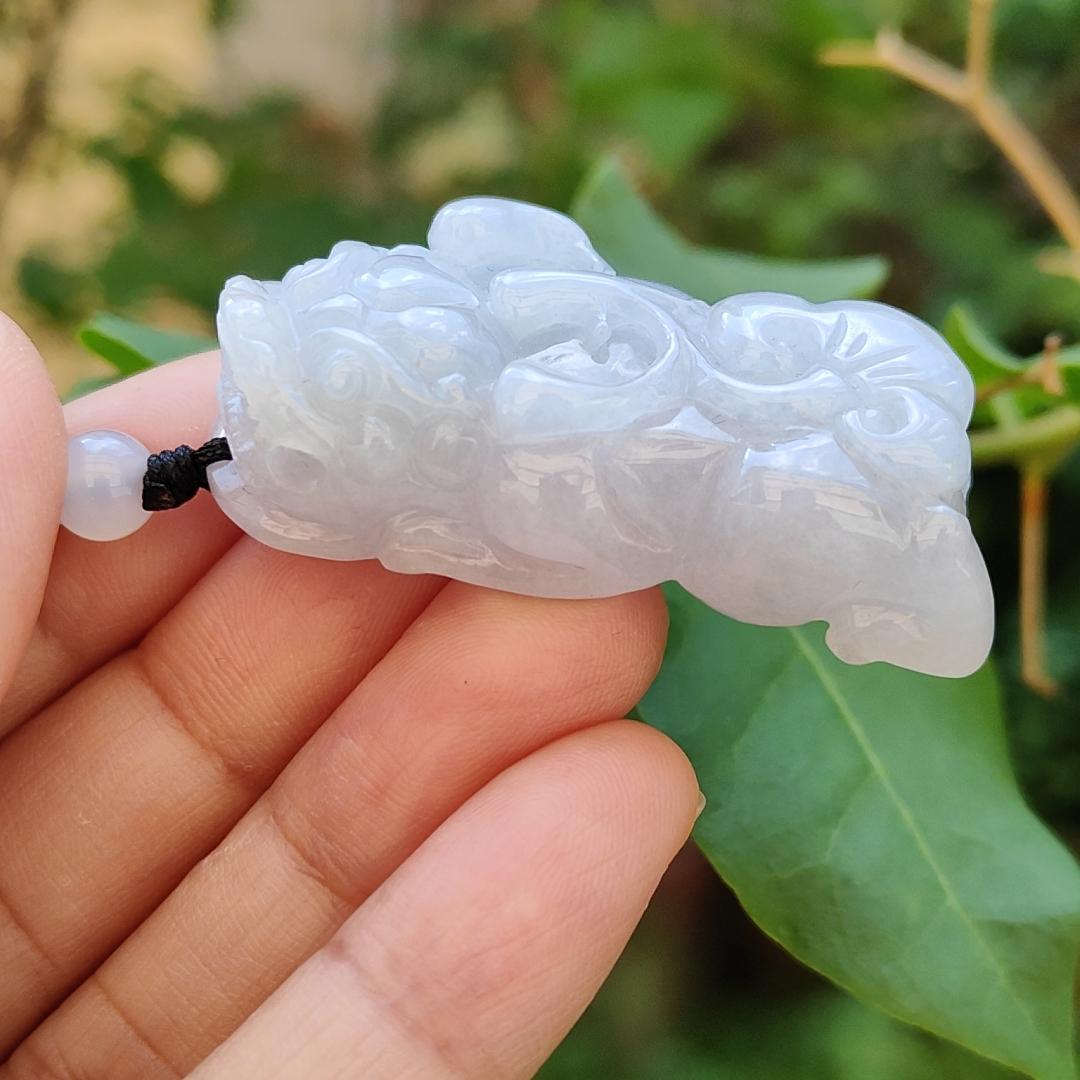 Light Lavender Natural Type A Jadeite Pendant carved as Pixiu with ruyi symbols of Joy and good luck, certificate included weigh 26.95 grams, 45.8 * 23.8 * 12.8 mm, suitable for daily wear boosting your luck (pendant75)