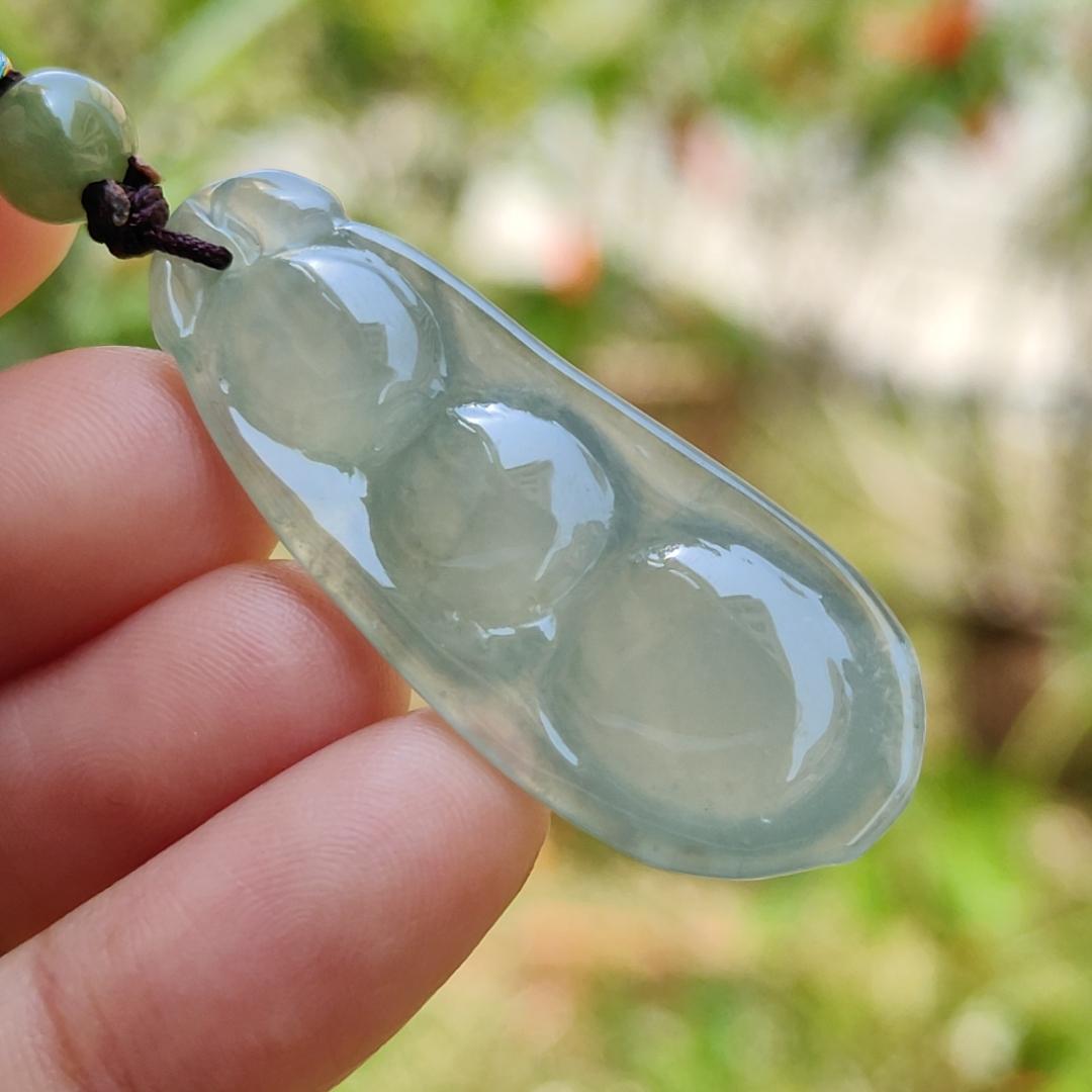 Premium Icy Translucent Green Hue Natural Type A Jadeite Jade crafted with French Beans as Pendant, symbols of Beauty, harmony, harvest and happiness, certificate weigh 7.44 grams, measurement 41.3 * 16.2 * 6.9 mm (pendant219)