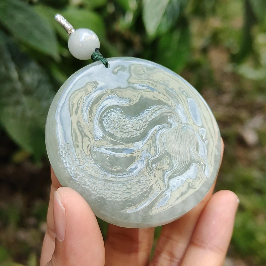 Premium Full Light Green Natural Type A Jadeite Jade Pendant Necklace crafted with Dragon with good glossy shines, certificate included weigh 77.81 grams, 55.5 * 55.5 * 13.8 mm (pendant169)