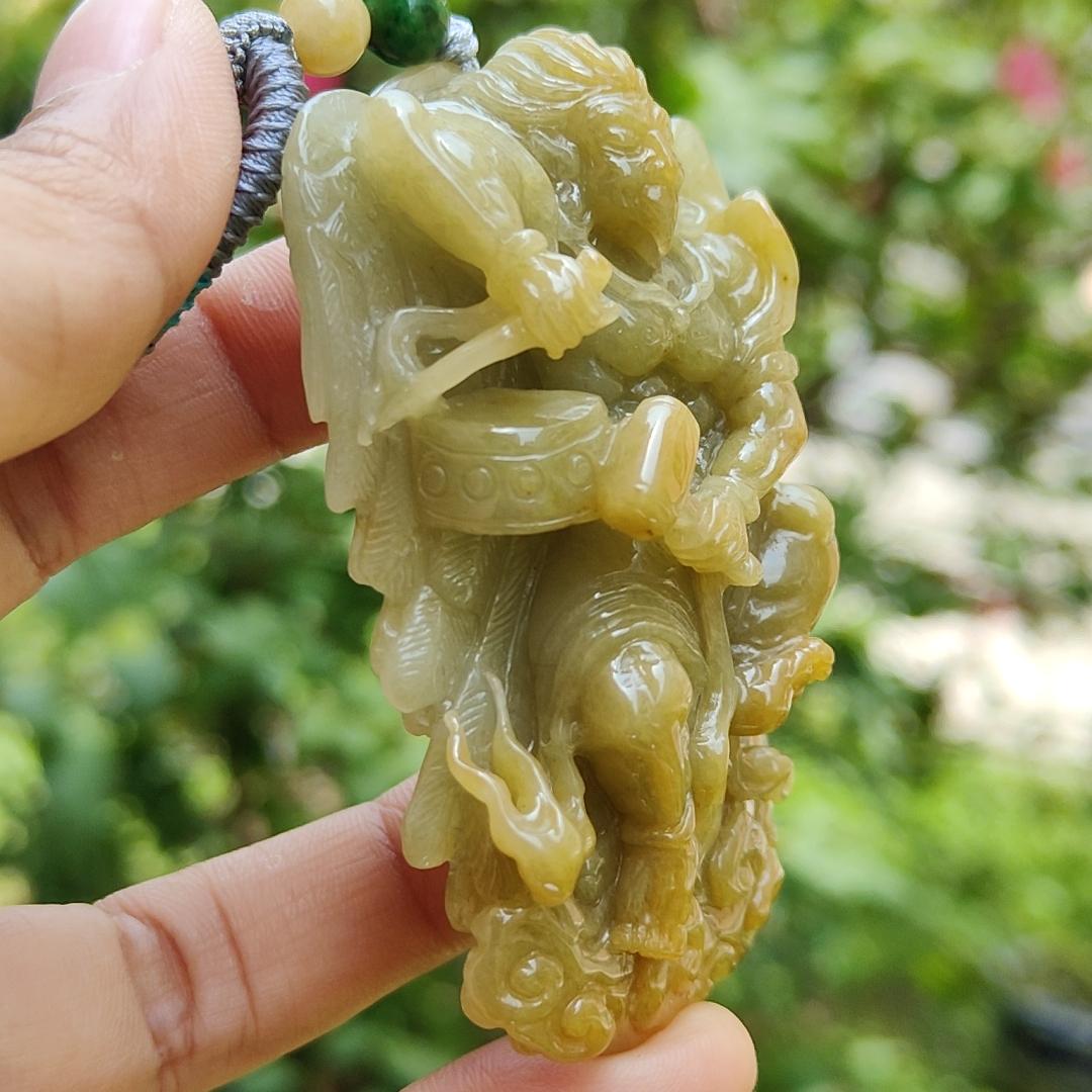 Super Rare Yellow with Light Green Hue Natural Type A Jadeite Jade crafted with shape of Lei Zhenzi as Pendant, certificate weighs 79.58 grams, measurement 69.8 * 42 * 19.5 (pendant257)