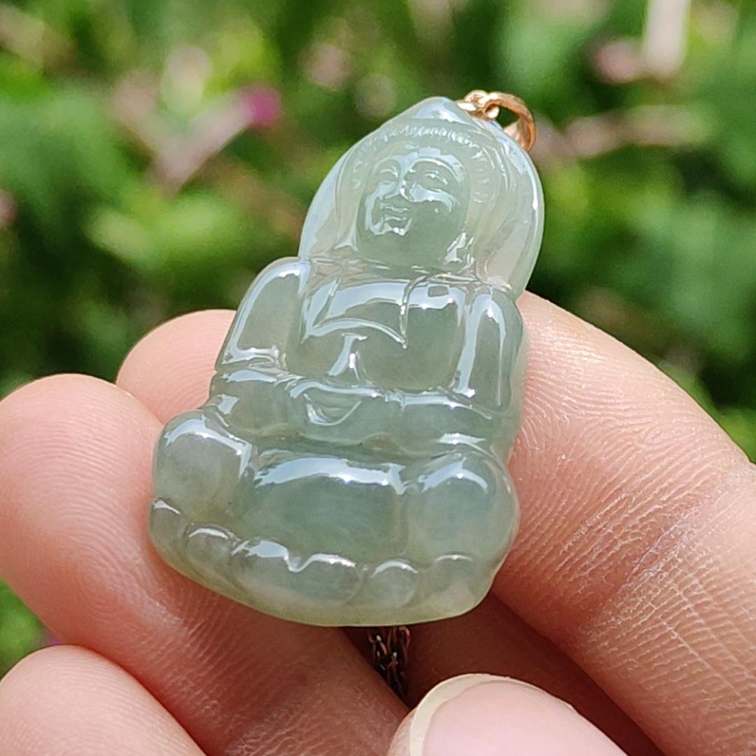 Light Green Good Translucent Natural Type A Jadeite Jade crafted with Guanyin 18k gold clasps as Pendant, certificate weighs 6.36 grams, measurement 32.2 * 21 * 5.8 mm (18kp49)