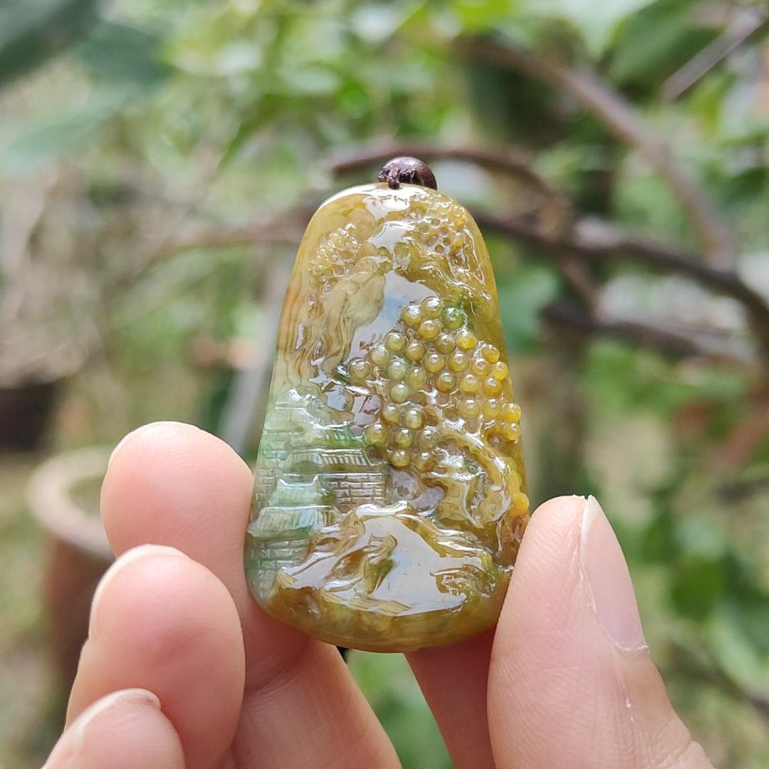 Rare quality Yellow with reddish brown and green Natural Type A Jadeite Jade crafted with sceneries as pendant, certificate weigh 11.38 grams, measurement 45.6 * 24.3 * 5.2 mm (pendant216)