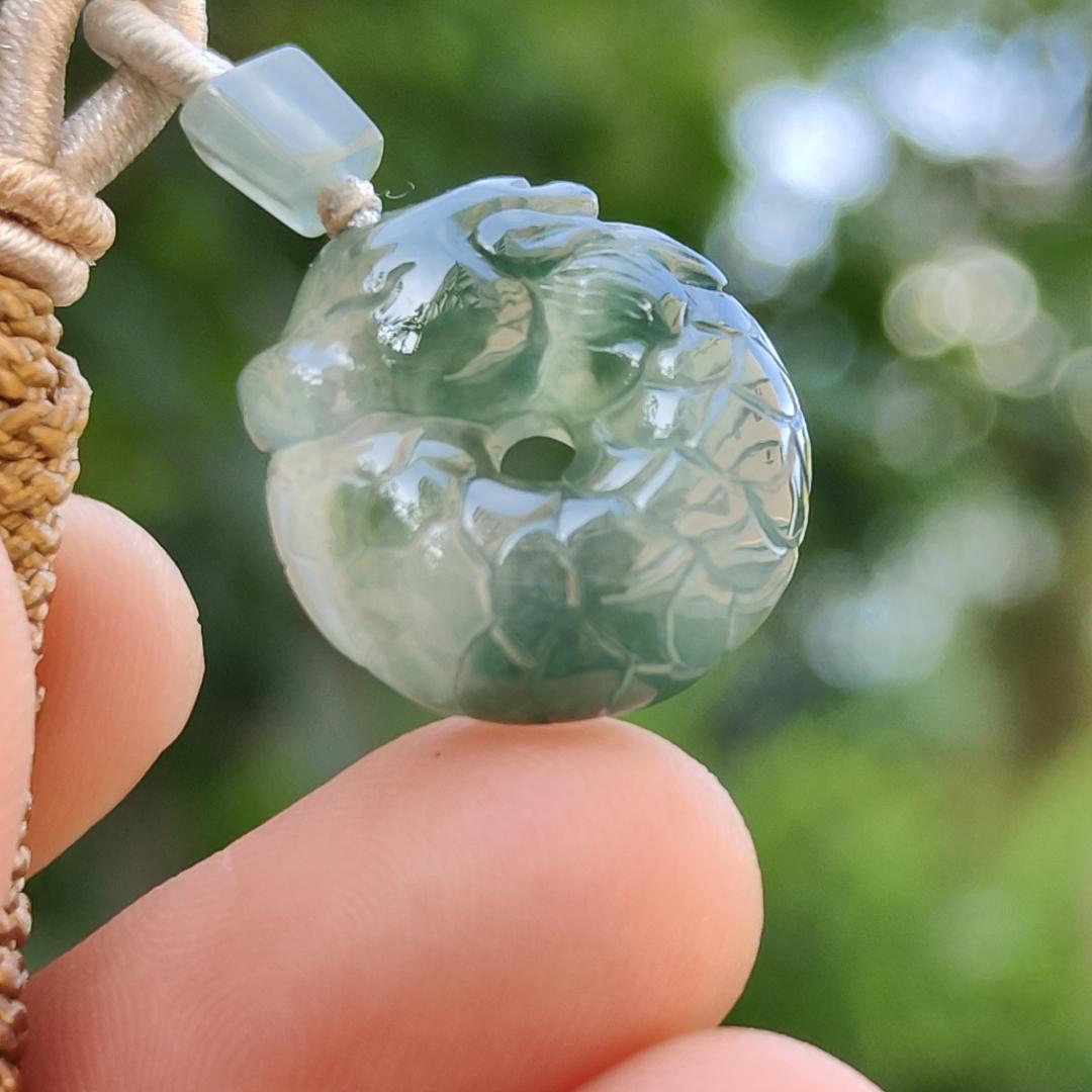 Hight Quality Green with Green Patches Natural Type A Jadeite Jade crafted with shape of Donut with Baby Dragon as Pendant, QIC approved labs certificate weigh 4.11 grams, measurement 17.2 * 16.3 * 5.1 mm (pendant242)