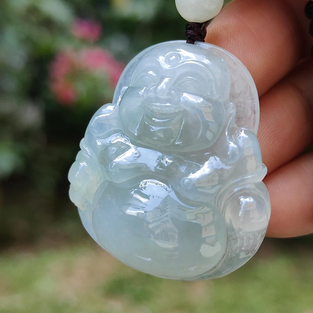 Premium Quality with good density and light green bluish hue Natural Type A Jadeite Pendant Necklace crafted with Laughing Buddha, certificate included weigh 17.14 grams, 36.7 * 34.2 * 8.7 mm, a good collection or for your daily wear (pendant32)