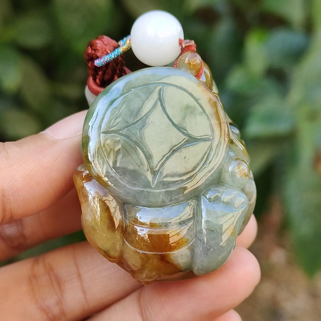 Super Rare Green and Brown Natural Type A Jadeite Jade crafted with Vermilion bird as pendant with certificate weigh 59.21 grams, measurement 45.8 * 32 * 27.3 mm (pendant231)