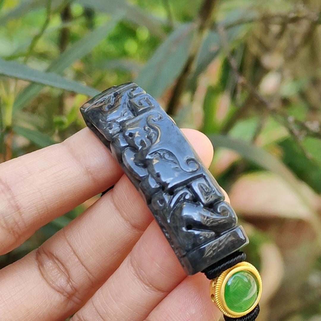 Wuji Black Natural Type A Jadeite Bracelet crafted with Tao Tie, symbols of Power and abundance and Money, with certificate weigh, mm  11.17 grams, 48.8 * 13.3 * 6.9 (bracelet7)