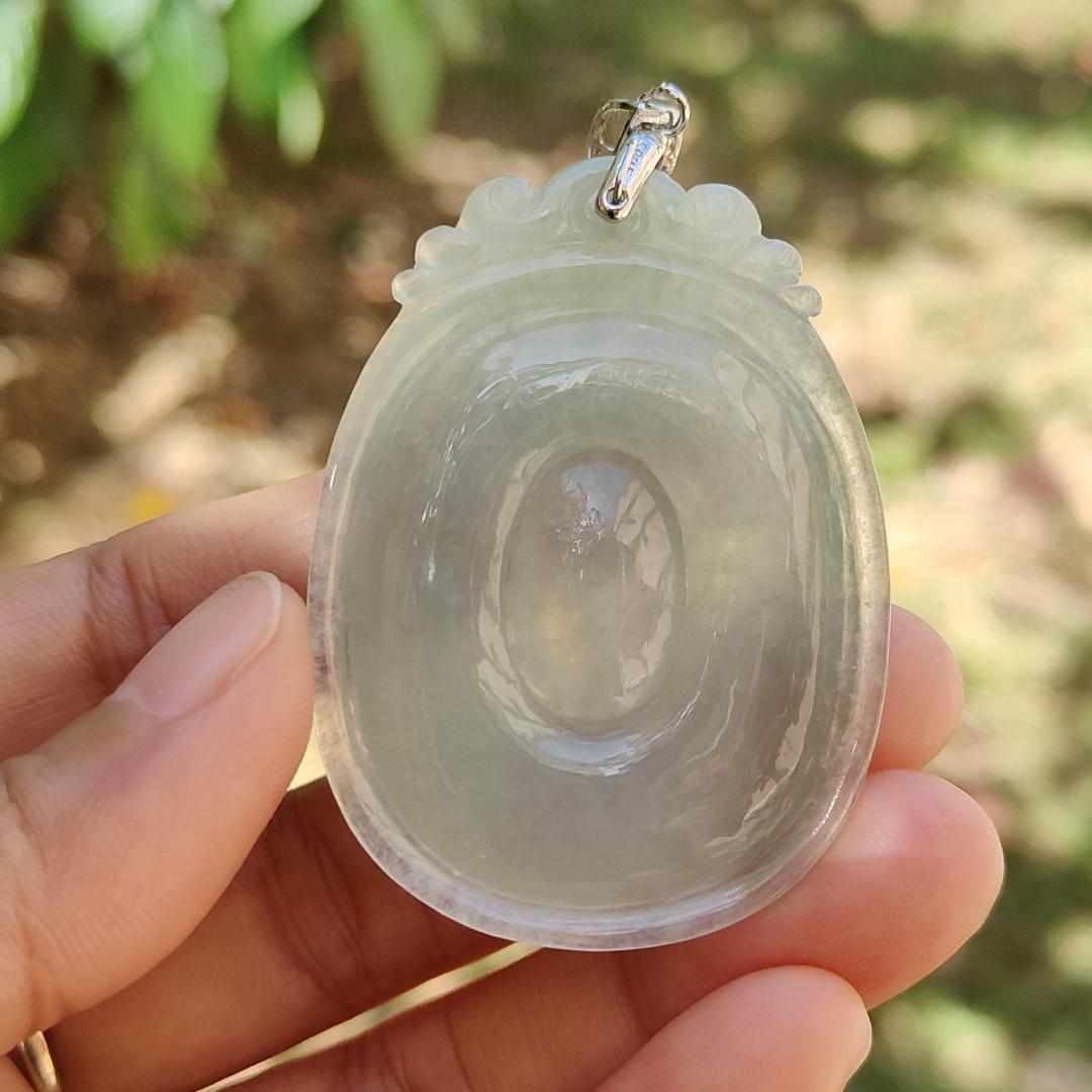 Good Quality Light Green Hue Icy Natural Type A Jadeite Jade crafted with Fobe as pendant, meaning Good luck, happiness, wealth and honor, certificate weigh 19.03 grams, measurement 50.2 * 36.3 * 6.2 mm (pendant234)