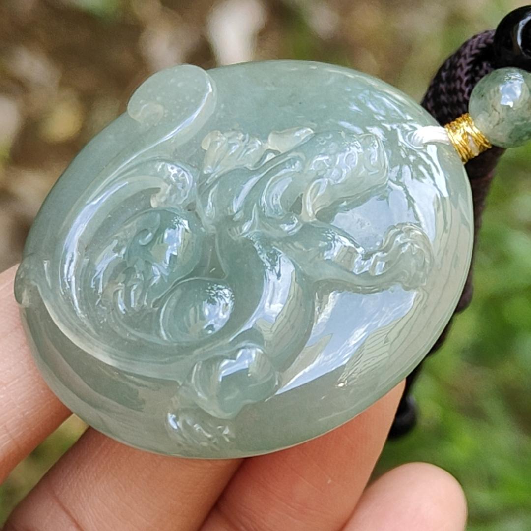 Premium Quality Light Green Natural Type A Jadeite Jade Pendant Necklace crafted with Old School Style Dragon, certificate included weigh 29.48 grams, measurement 42 * 42 * 11 (pendant174)