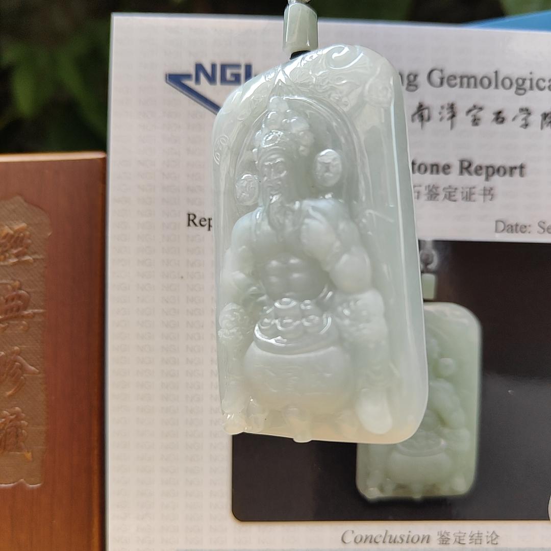 Fortune God with Heng Ong Huat Type A Natural Jadeite Jewelry Pendant with NGI Gemstone report pendant weight 56.18 gram , 59.45 * 37.1 * 10.26 mm - Translucent faint greenish blue (pendant141)