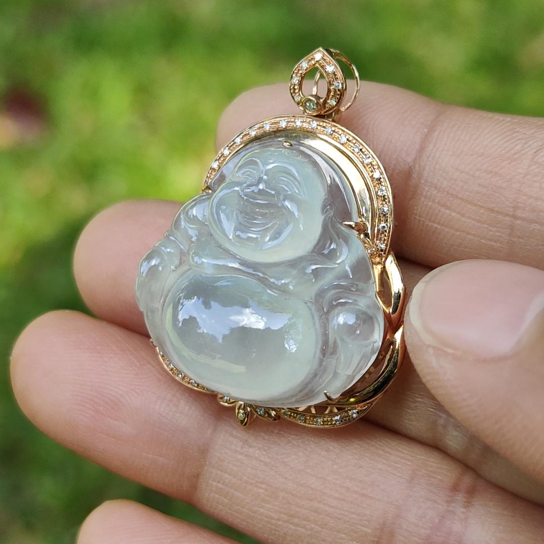 Premium Quality Icy Translucent Natural Type A Jadeite Jade crafted with Milo Buddha Set on 18k Gold as Pendant, certificate weighs 6.48 grams, measurement 34.1 * 26 * 11.6 mm (18kp61)