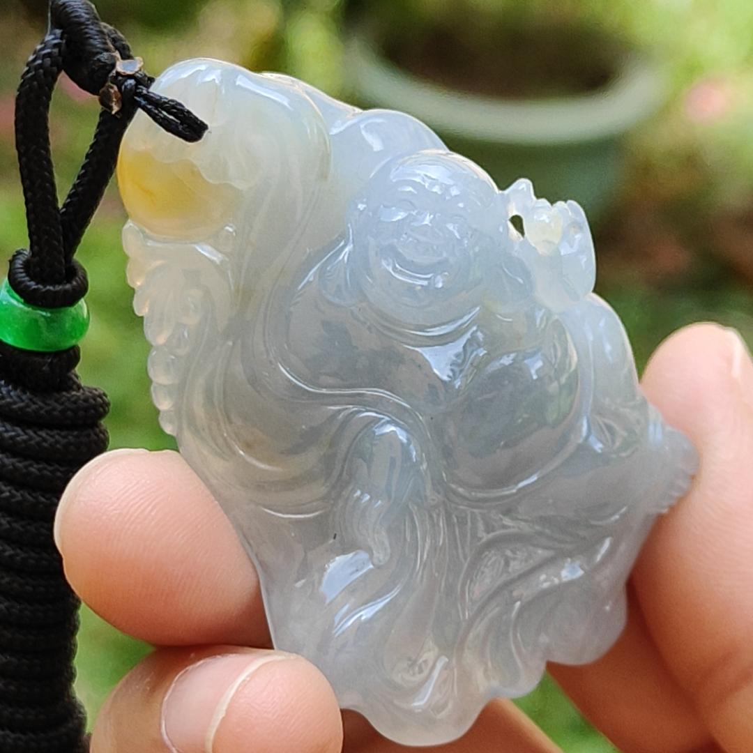 High Premium Light Lavender and Yellow Natural Type A Jadeite Jade crafted with Milo Buddha as Pendant, certificate weighs 49.13 grams, measurement 58.6 * 39.5 * 18.7 mm (pendant284)