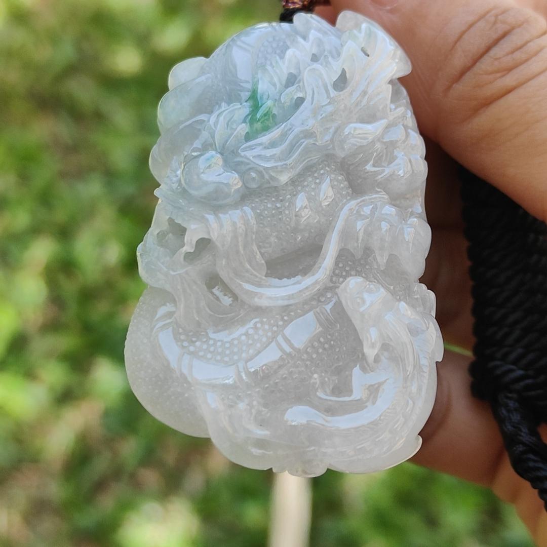 High Quality Semi Icy Translucent Light Green Light Lavender Natural Type A Jadeite Jade crafted with Dragon as Pendant, certificate weighs 35.24 grams, measurement 55.7 * 33.3 * 13.3 mm (pendant264)