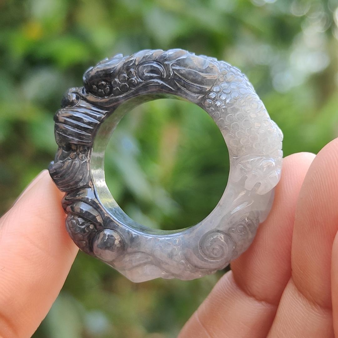 Black and White Natural Type A Jadeite Jade crafted with Dragon as 21mm Ring, certificate weigh 16.8 grams, measurement 10.5 * 8.3 mm (ring7)