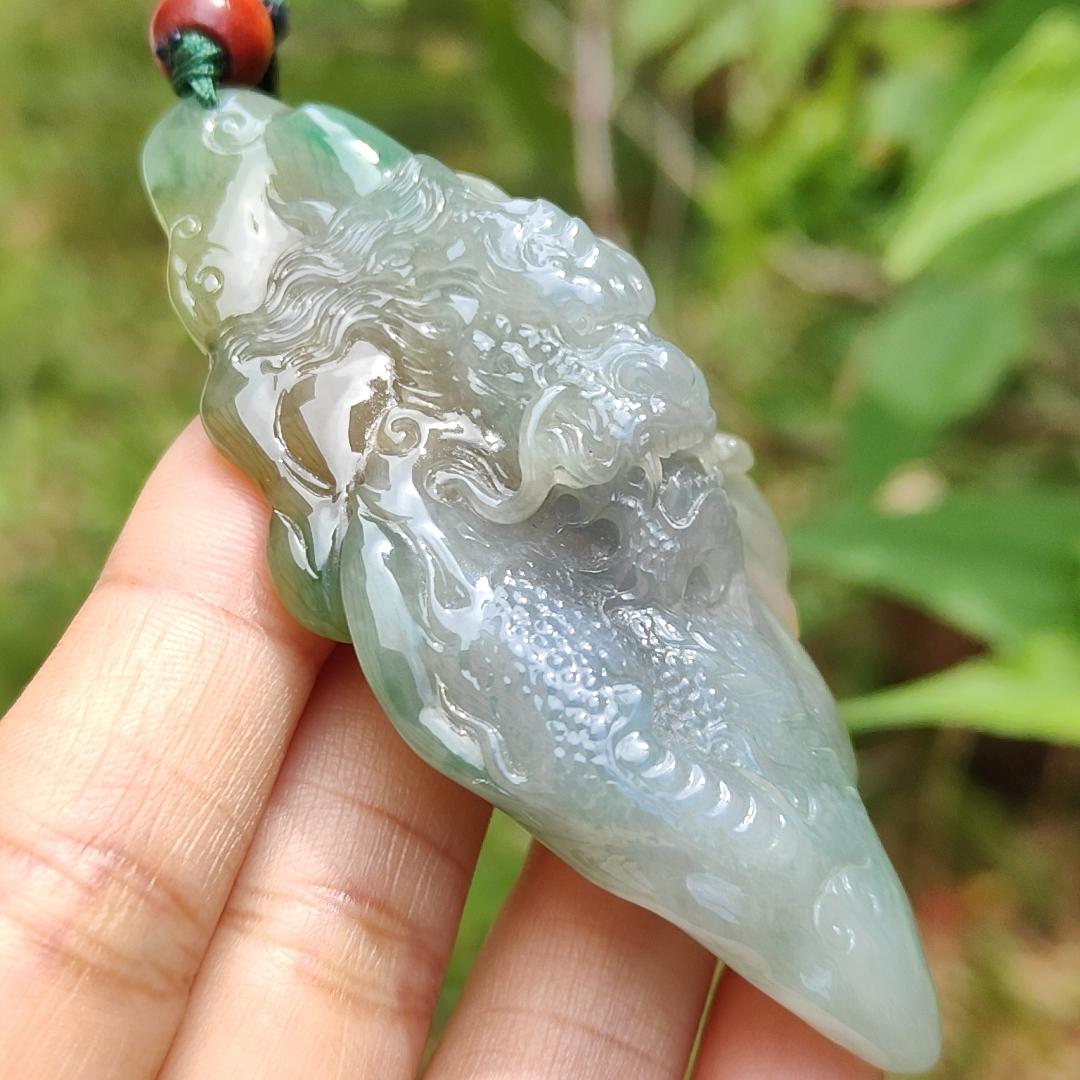 Super Rare Hugh Green and Yellow Natural Type A Jadeite Pendant Necklace Crafted with a Domineering Dragon symbols of Rise step by step, rise rapidly, with certificate weigh 44.19 grams, 77.2 * 37.5 * 15.8 mm (pendant25)