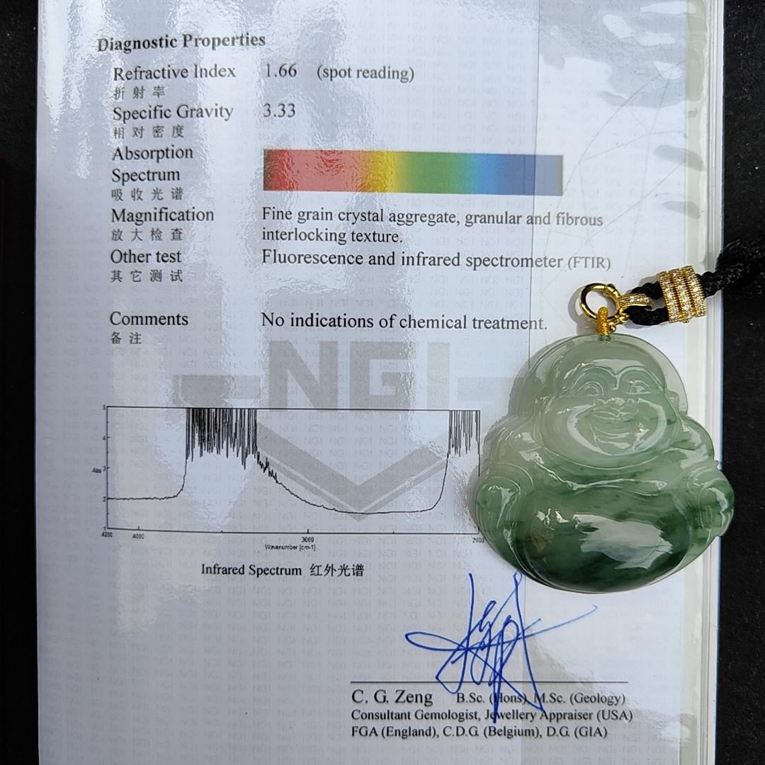 Rare, Hugh, Old Mine Translucent Floating bluish green patches Natural Type A Jadeite Pendant carved as Milo Buddha weight 232.82 grams, 52.83 * 51.18 * 12.18 mm, fine grain crystal aggregate suitable for daily wear with NGI Certificate (pendant143)