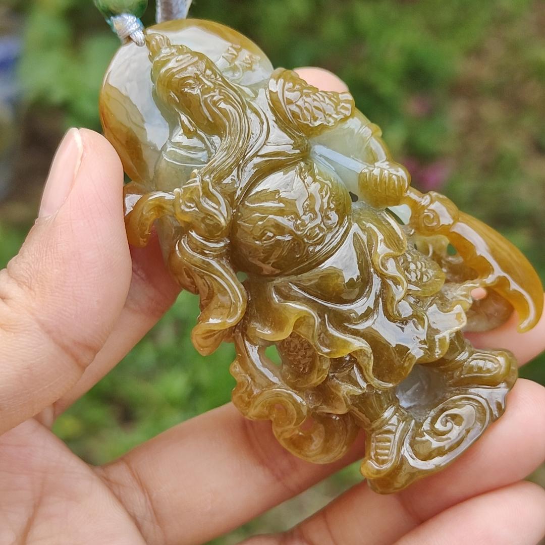 Special Sales - Very Rare Brown and Light Green Natural Type A Jadeite Jade crafted with Guan Gong as Pendant with certificate weigh 66.01 grams, measurement 70 * 43.7 * 18 mm (pendant228)