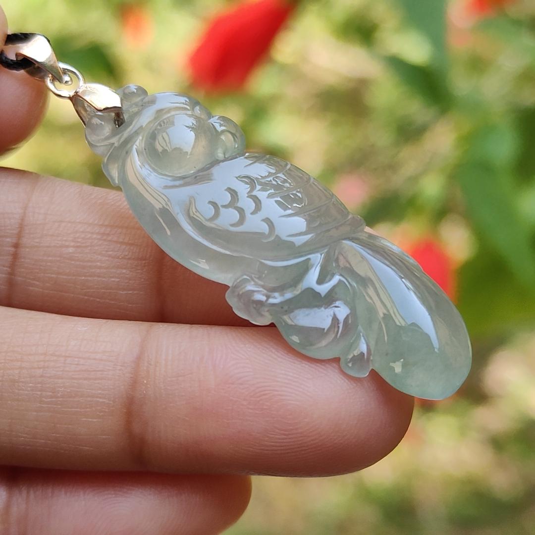 Premium Old Pit Rare Green Hue Icy Translucent Natural Type A Jadeite Jade crafted with Parrot as Pendant for the collectors, certificate weigh 6.25 grams, measurement 41.6 * 15.2 * 6.5 mm (pendant213)