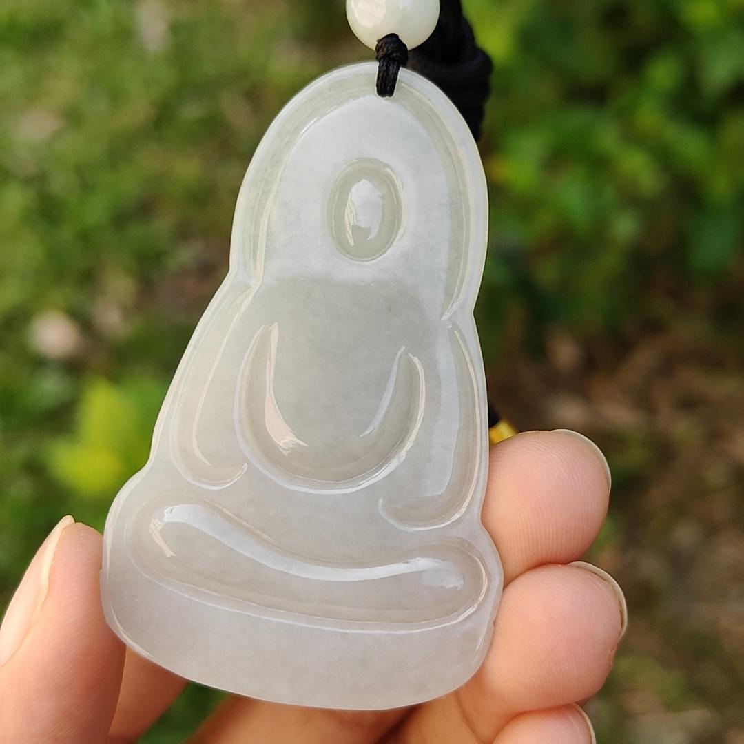 Semi Icy Natural Type A Jadeite Pendant carved as Guanyin with certificate weighs 23.87 grams, 60.3 * 37.1 * 6.2 mm, represents Compassion, wisdom and peace, suitable for daily wear (pendant83)