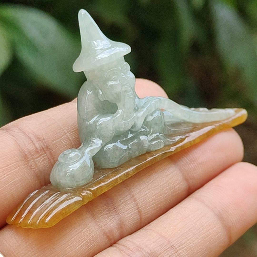 Light Green with Yellow Natural Type A Jadeite Jade crafted with Old Men Fishing as Display, certificate weighs 17.06 grams, measurement 65.2 * 32.8 * 12 (display1)