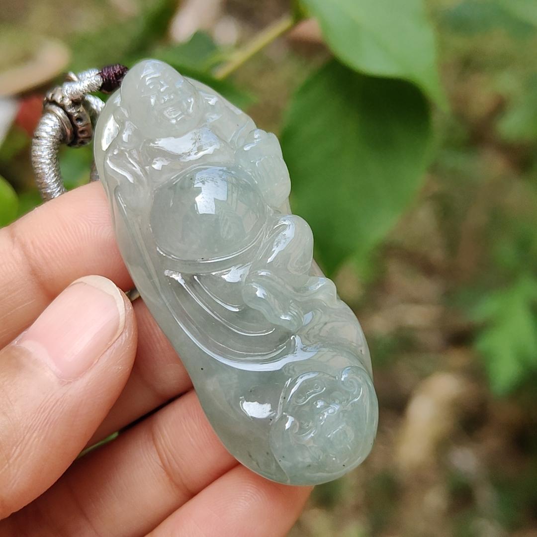 Premium Rare Semi Icy Natural Type A Jadeite Jade crafted with Milo Buddha as Pendant Necklace with certificate weigh 30.56 grams, measurement 56 * 23 * 12.8 (pendant207)