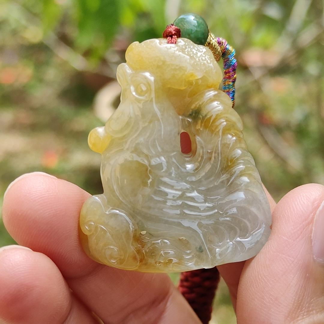 Premium Quality Yellow and Green Natural Type A Jadeite Jade crafted as Rooster with Ruyi as pendant necklace with certificate weigh 17.7 grams, measurement 41.6 * 34.8 * 7.5 mm (pendant208)