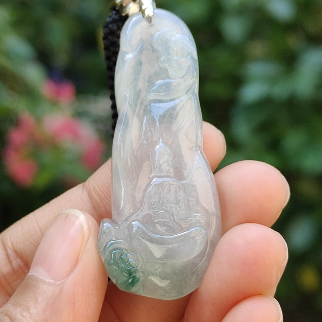 Icy variety Translucent with green Natural Type A Jadeite Pendant Necklace crafted as the faceless buddha with symbols of Holy and blessed blessings of wealth, prosperity and happiness with certificate weigh 11.02 grams, 49.9 * 19.9 * 7 mm (pendant34)