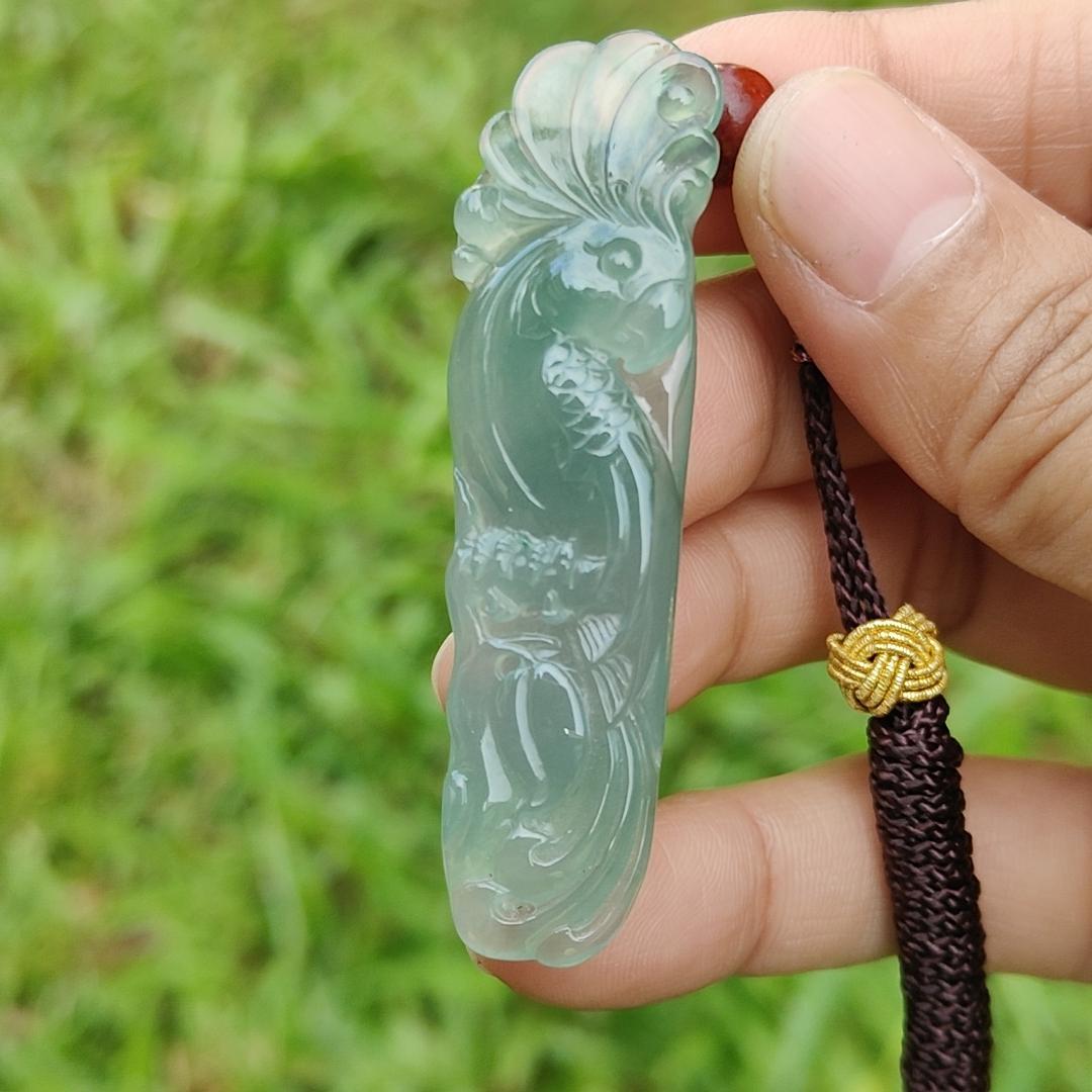 Semi Icy Good Translucency Green Natural Type A Jadeite Pendant Necklace crafted as the parrot, symbols of Wise and brave, heroic and mighty, with certificate weigh 10.82 grams, 57.8 * 16.3 * 7.1 mm (pendant24)