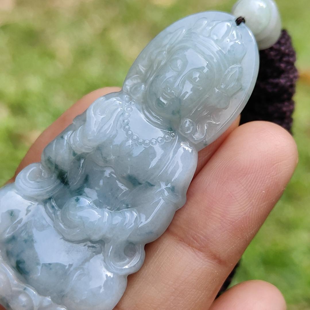 High Quality Light Green Floating Flower Natural Type A Jadeite Jade Crafted as Bodhisattva as Pendant, certificate weighs 19.12 grams, measurement 58.2 * 27 * 7.3 mm (pendant276)