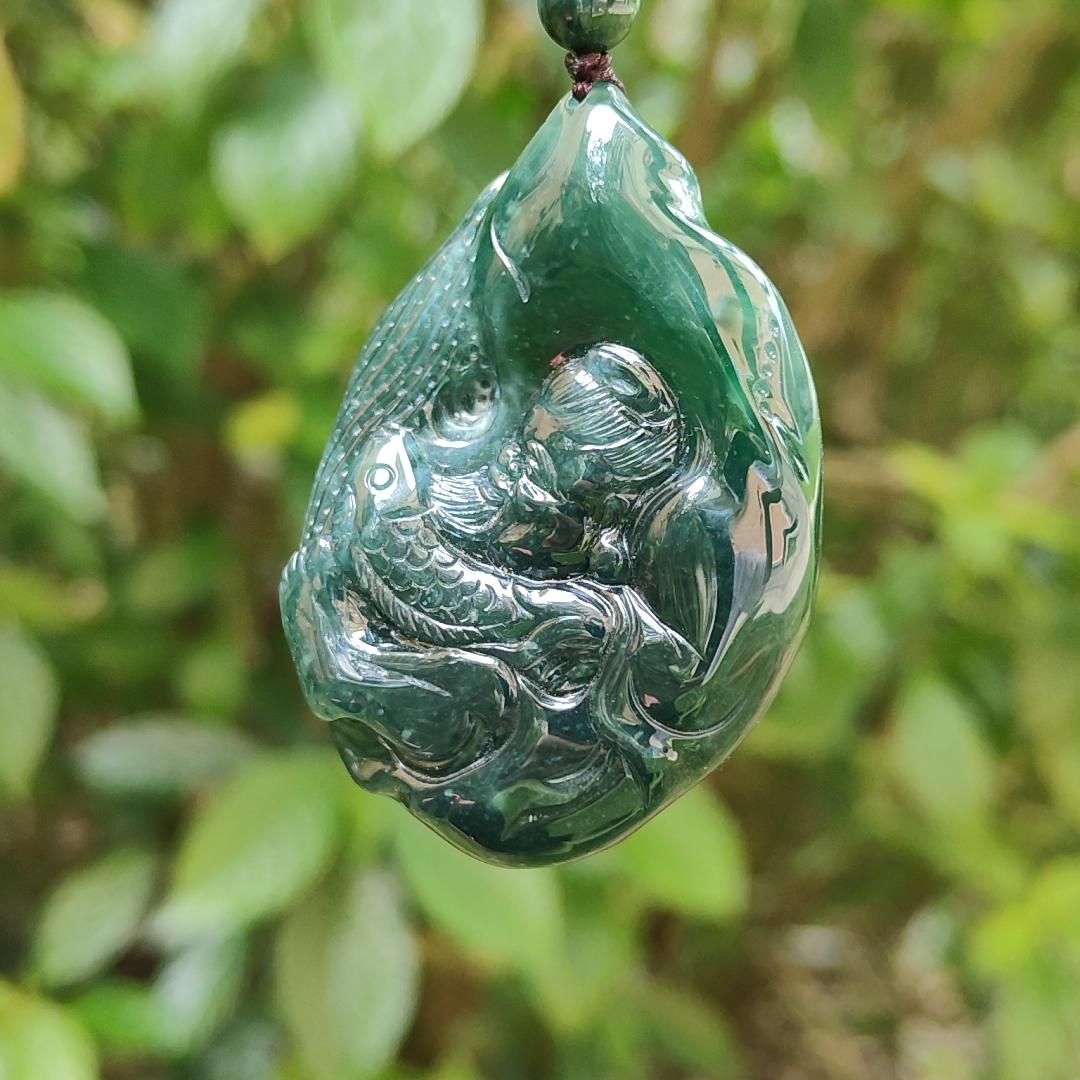 Carved as the fisherman benefits rare green Natural Type A Jadeite with certificate QIC approved labs pendant weight 53.87 grams, 54.6 * 38.2 * 12.7 mm