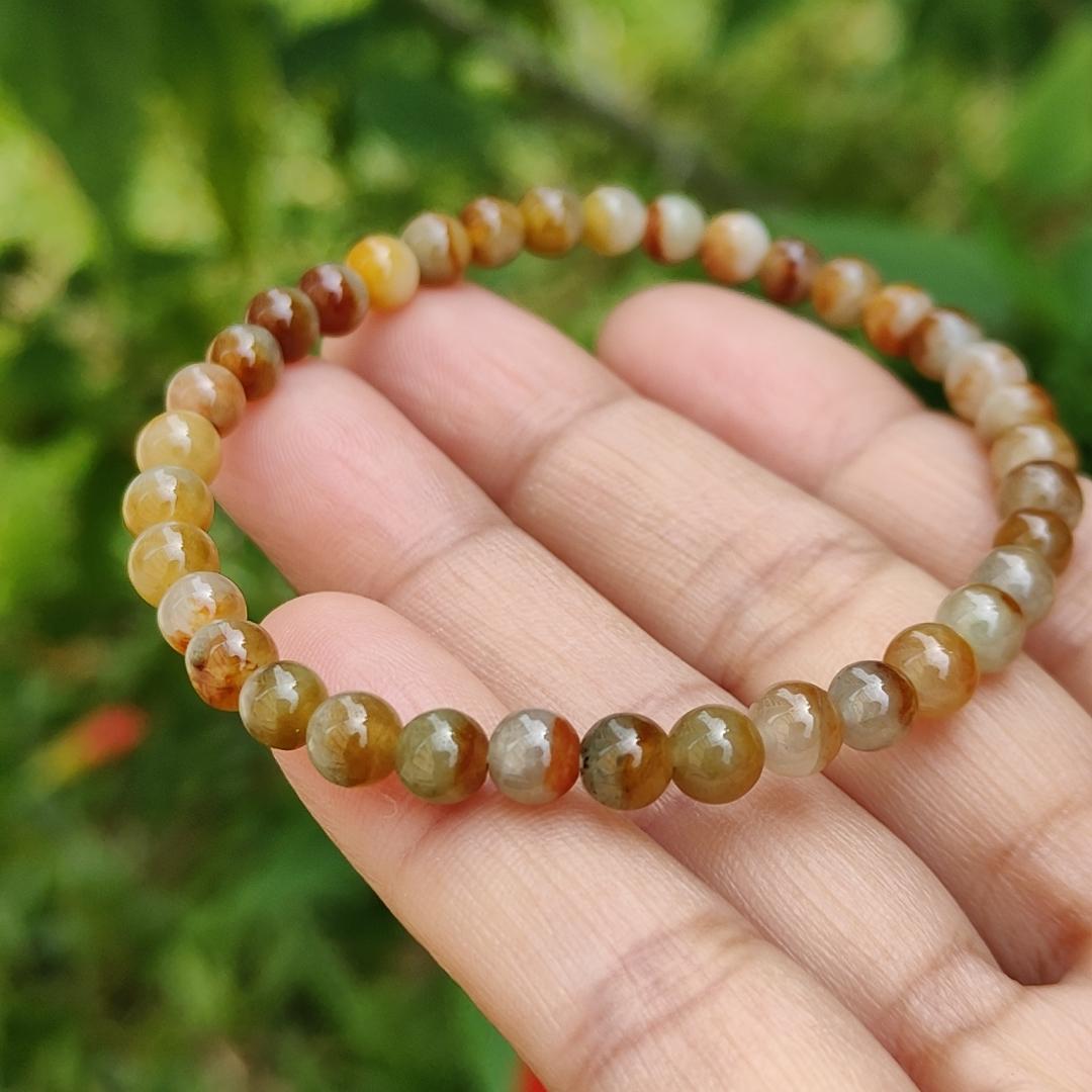 Elegant and Good Quality 5.3mm Icy Yellow, Red, Brown Natural Type A Jadeite Jade 36 Beads Bracelet with QIC labs approved certificate weigh 8.76 grams (bracelet13)