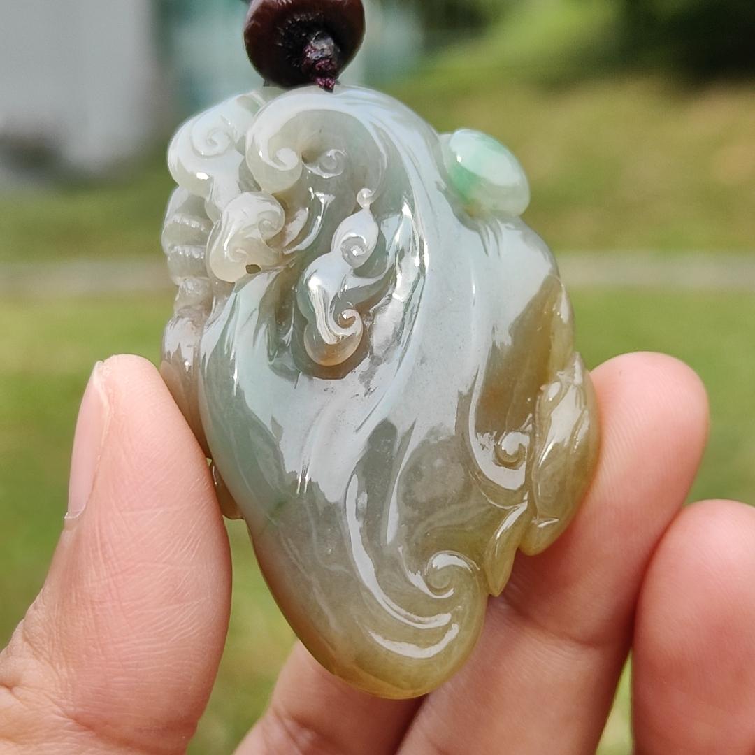 Reddish, Yellow and Green Natural Type A Jadeite Jade Pendant Necklace Crafted with Dragon and Ruyi with certificate weigh 40.57 grams, measurement 53.6 * 34.8 * 15 mm, symbols of Good luck, happiness and health (pendant189)