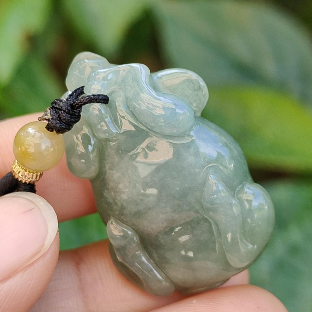 Oil Green Natural Type A Jadeite Pendant carved as water buffalo representing Hardworking and Simple, Unstoppable, Strong and Healthy and Turn the Tide, certificate include weighs 14.56 grams, 34.6 * 23.6 * 11.5 mm, suitable for daily wear (pendant80)