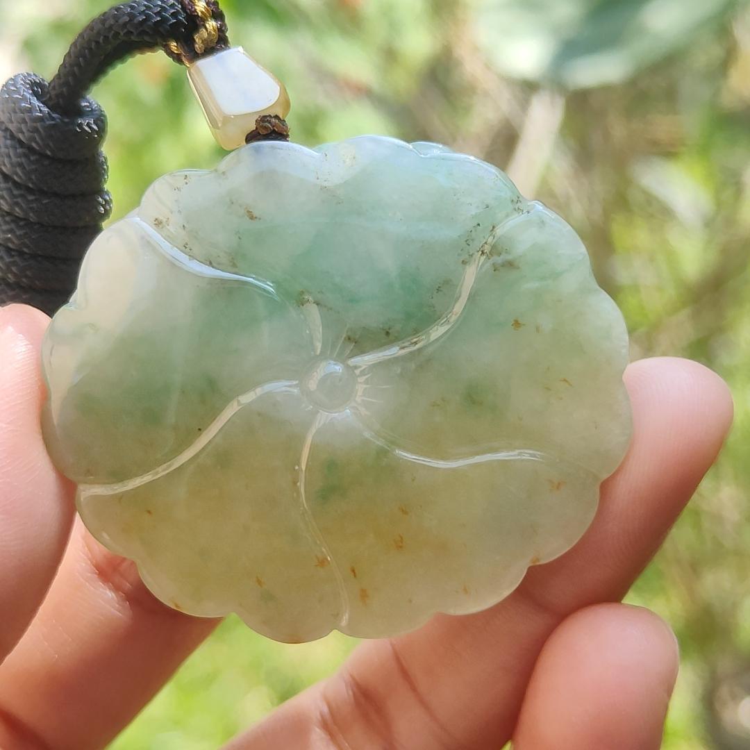 Rare Quality Yellow and Green Natural Type A Jadeite Jade beautifully crafted with frog and lotus old school hollow style, certificate weigh 27.08 grams, measurement 41.6 * 48 * 11 mm (pendant209)